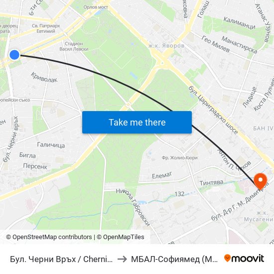 Бул. Черни Връх / Cherni Vrah Blvd. (0401) to МБАЛ-Софиямед (MBAL-Sofiyamed) map