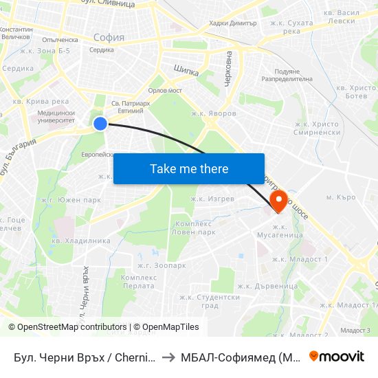 Бул. Черни Връх / Cherni Vrah Blvd. (0395) to МБАЛ-Софиямед (MBAL-Sofiyamed) map