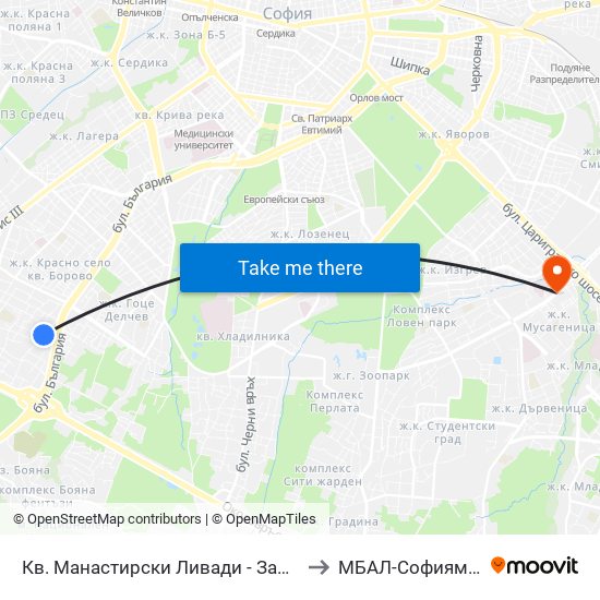 Кв. Манастирски Ливади - Запад / Manastirski Livadi - West Qr. (0582) to МБАЛ-Софиямед (MBAL-Sofiyamed) map