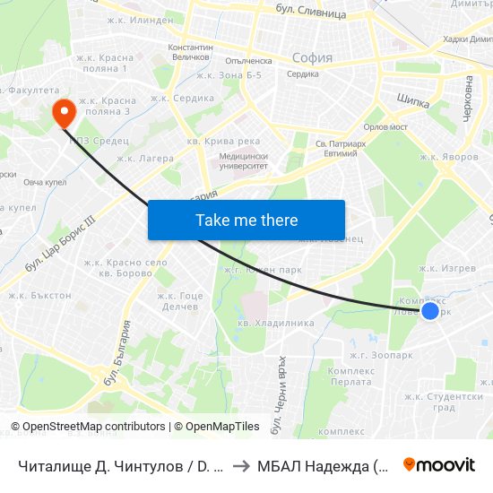 Читалище Д. Чинтулов / D. Chintulov Library (2366) to МБАЛ Надежда (MBAL Nadezhda) map