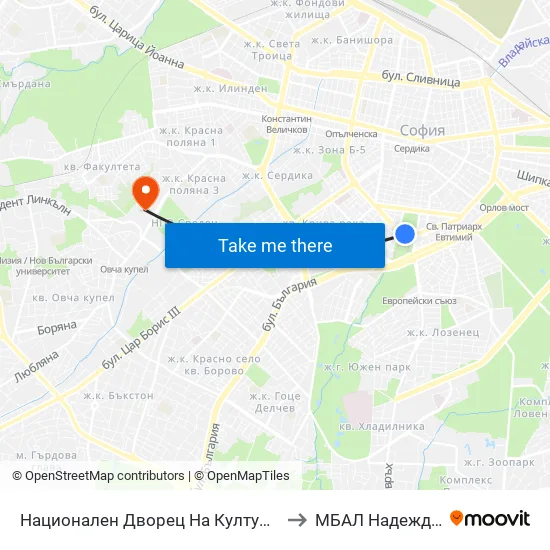 Ⓜ️ Национален Дворец На Културата / National Palace Of Culture (1139) to МБАЛ Надежда (MBAL Nadezhda) map