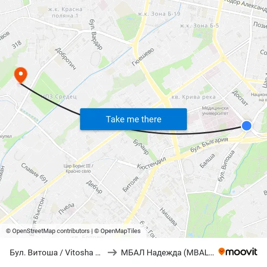 Бул. Витоша / Vitosha Blvd. (0302) to МБАЛ Надежда (MBAL Nadezhda) map