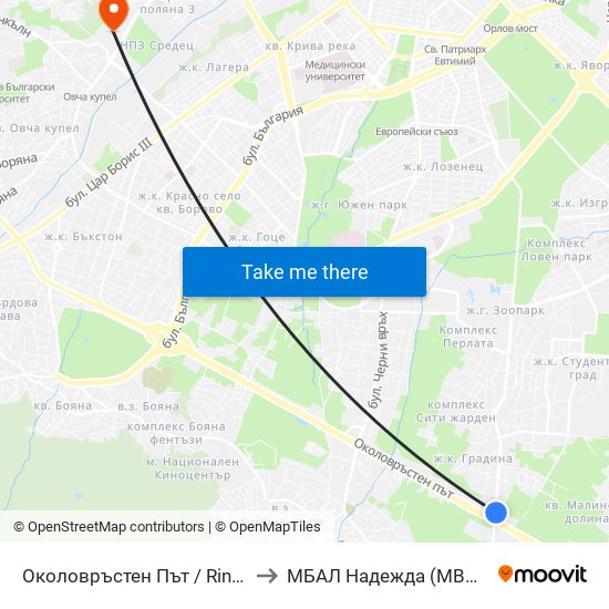 Околовръстен Път / Ring Road (1175) to МБАЛ Надежда (MBAL Nadezhda) map