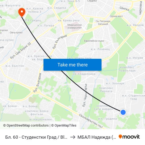 Бл. 60 - Студенстки Град / Bl. 60, Students' Town (2507) to МБАЛ Надежда (MBAL Nadezhda) map