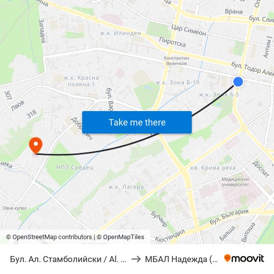 Бул. Ал. Стамболийски / Al. Stamboliyski Blvd. (0283) to МБАЛ Надежда (MBAL Nadezhda) map