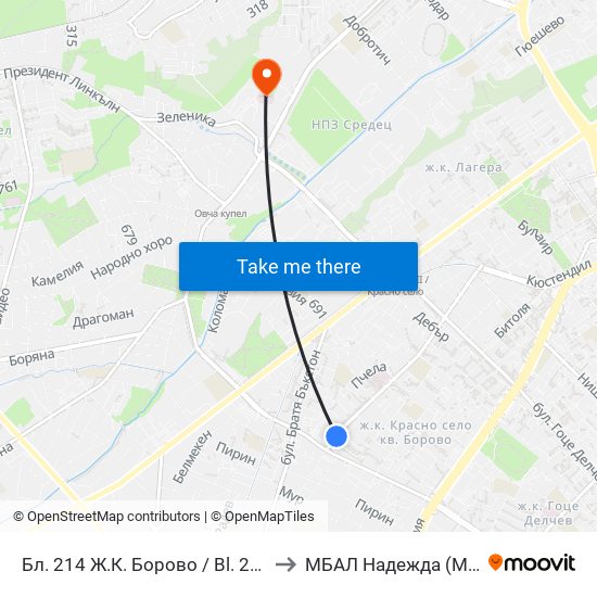 Бл. 214 Ж.К. Борово / Bl. 214, Borovo Qr. (0164) to МБАЛ Надежда (MBAL Nadezhda) map