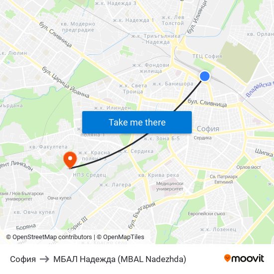 София to МБАЛ Надежда (MBAL Nadezhda) map
