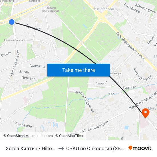 Хотел Хилтън / Hilton Hotel (0397) to СБАЛ по Онкология (SBAL po Onkologia) map