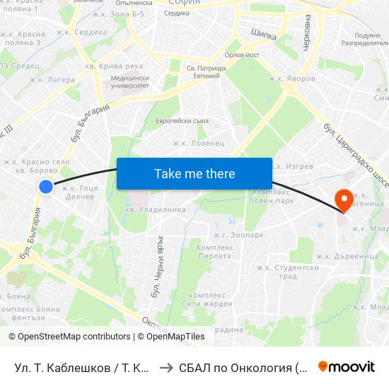 Ул. Т. Каблешков / T. Kableshkov St. (2213) to СБАЛ по Онкология (SBAL po Onkologia) map