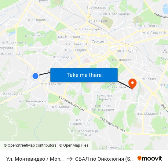 Ул. Монтевидео / Montevideo St. (2050) to СБАЛ по Онкология (SBAL po Onkologia) map