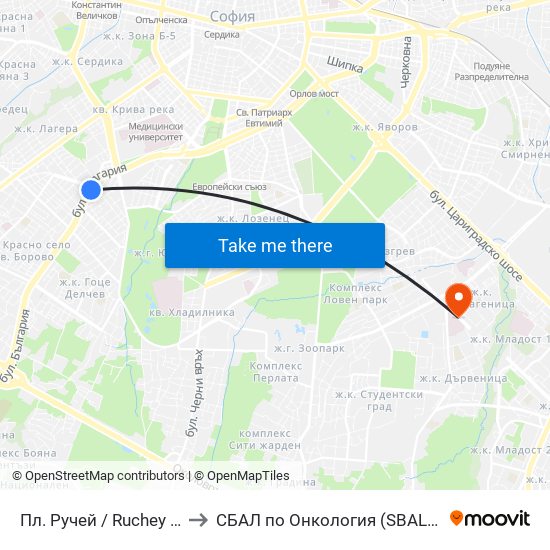 Пл. Ручей / Ruchey Sq. (1301) to СБАЛ по Онкология (SBAL po Onkologia) map
