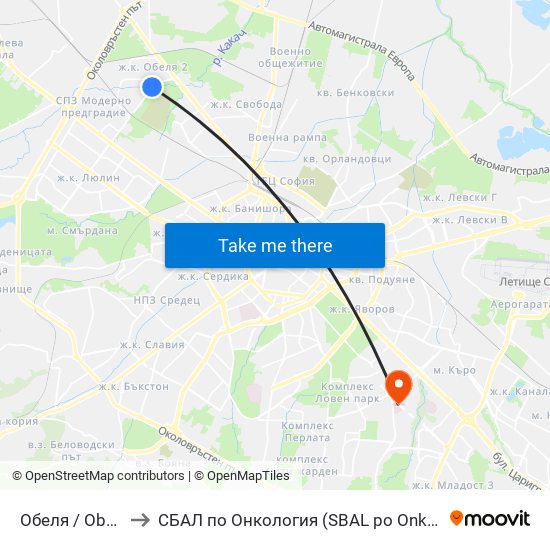 Обеля / Obelya to СБАЛ по Онкология (SBAL po Onkologia) map