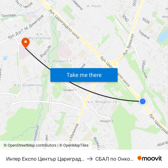 Интер Експо Център Цариградско Шосе / Inter Expo Center – Tsarigradsko Shose to СБАЛ по Онкология (SBAL po Onkologia) map