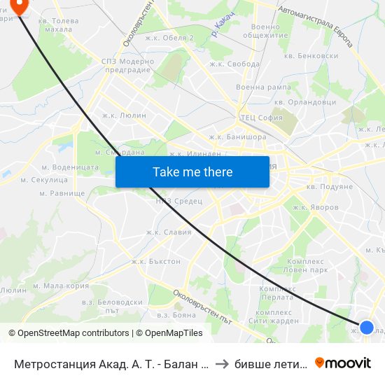 Метростанция Акад. А. Т. - Балан / Acad. A. T.-Balan Metro Station (1917) to бивше летище „Божурище“ map