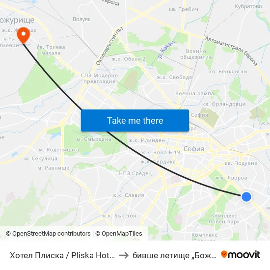 Хотел Плиска / Pliska Hotel (2326) to бивше летище „Божурище“ map