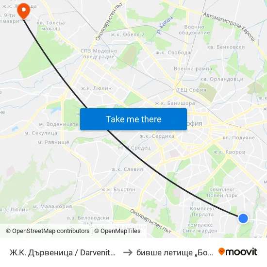 Ж.К. Дървеница / Darvenitsa Qr. (1015) to бивше летище „Божурище“ map