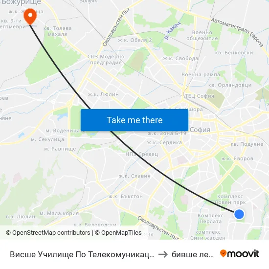 Висше Училище По Телекомуникации / University Of Telecommunications And Post (1397) to бивше летище „Божурище“ map