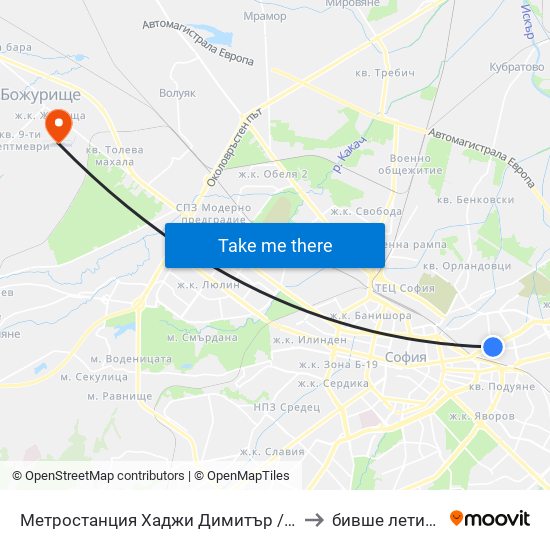 Метростанция Хаджи Димитър / Hadzhi Dimitar Metro Station (0303) to бивше летище „Божурище“ map