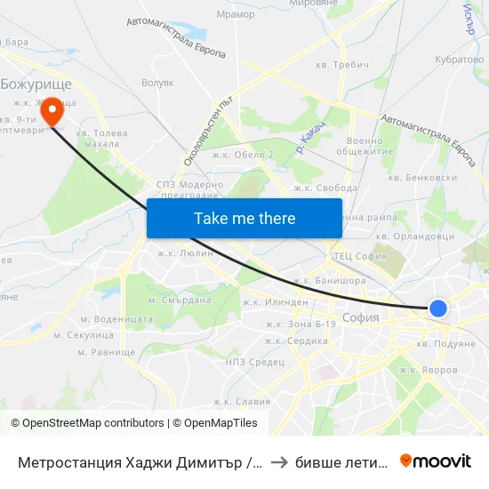 Метростанция Хаджи Димитър / Hadzhi Dimitar Metro Station (0303) to бивше летище „Божурище“ map