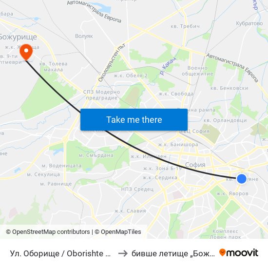 Ул. Оборище / Oborishte St. (2071) to бивше летище „Божурище“ map