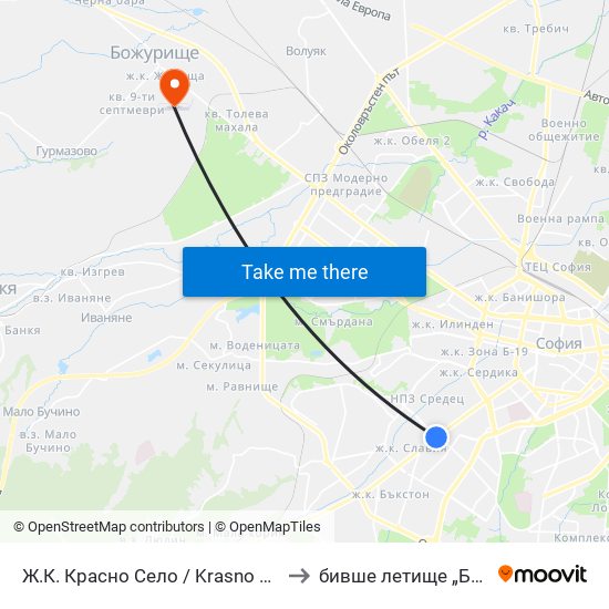 Ж.К. Красно Село / Krasno Selo Qr. (0638) to бивше летище „Божурище“ map