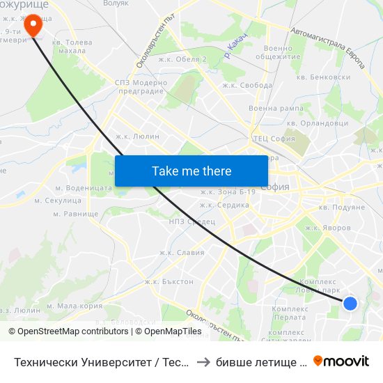 Технически Университет / Technical University (1743) to бивше летище „Божурище“ map