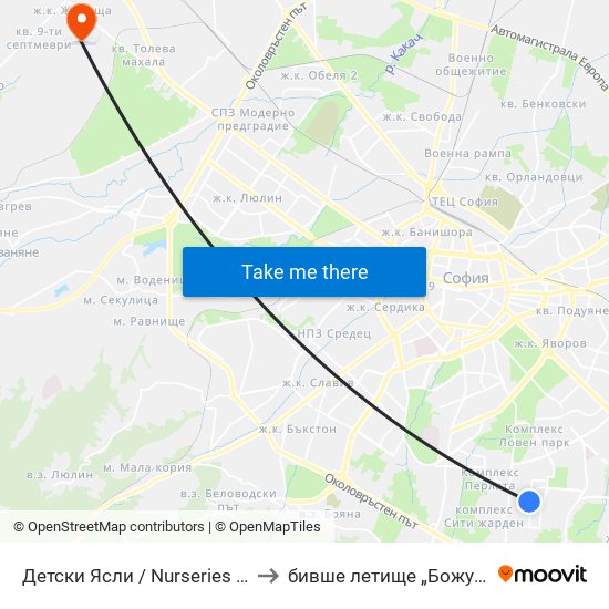 Детски Ясли / Nurseries (0534) to бивше летище „Божурище“ map