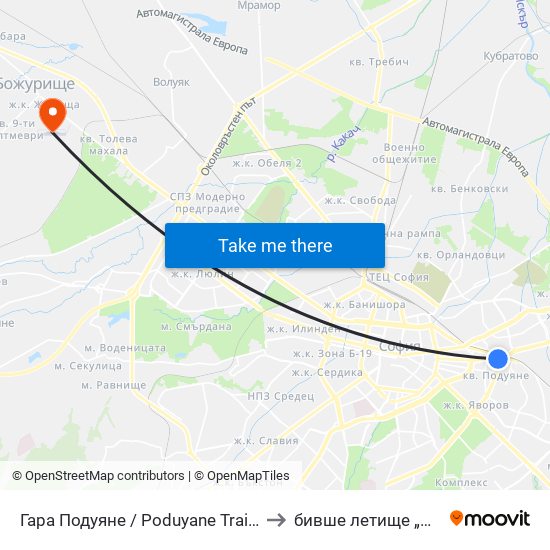 Гара Подуяне / Poduyane Train Station (0466) to бивше летище „Божурище“ map