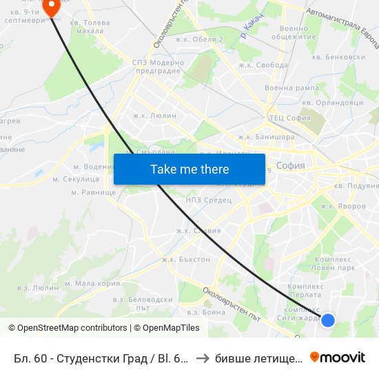 Бл. 60 - Студенстки Град / Bl. 60, Students' Town (2507) to бивше летище „Божурище“ map