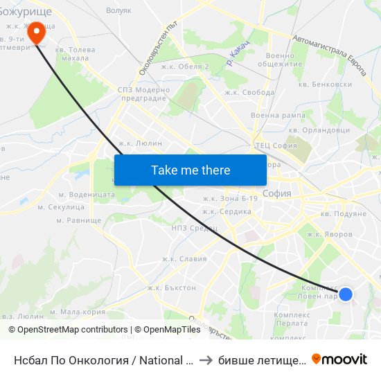 Нсбал По Онкология / National Oncology Hospital (2542) to бивше летище „Божурище“ map