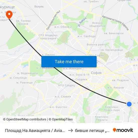 Площад На Авиацията / Aviation Square (1257) to бивше летище „Божурище“ map