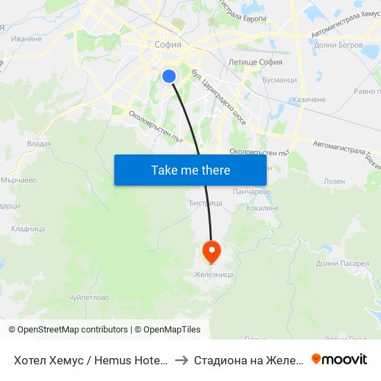 Хотел Хемус / Hemus Hotel (2329) to Стадиона на Железница map