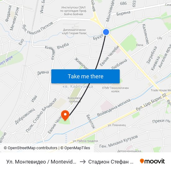Ул. Монтевидео / Montevideo St. (2050) to Стадион Стефан Миленков map