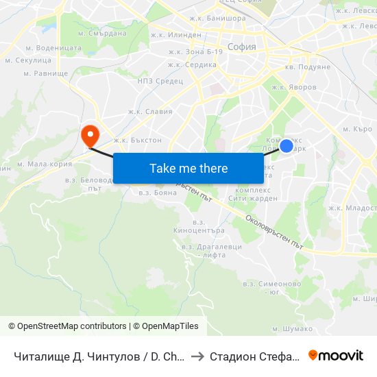 Читалище Д. Чинтулов / D. Chintulov Library (2366) to Стадион Стефан Миленков map