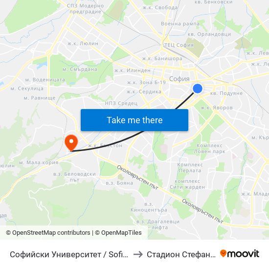 Софийски Университет / Sofia University (1699) to Стадион Стефан Миленков map