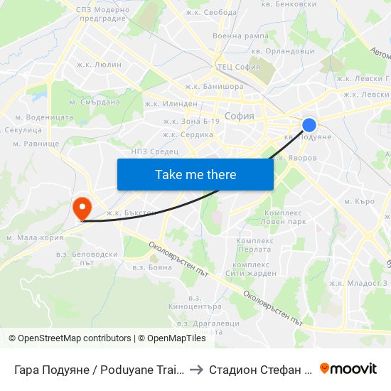 Гара Подуяне / Poduyane Train Station (0466) to Стадион Стефан Миленков map