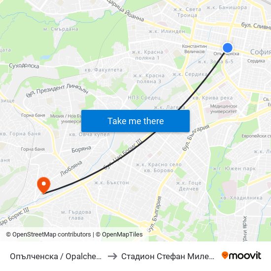 Опълченска / Opalchenska to Стадион Стефан Миленков map