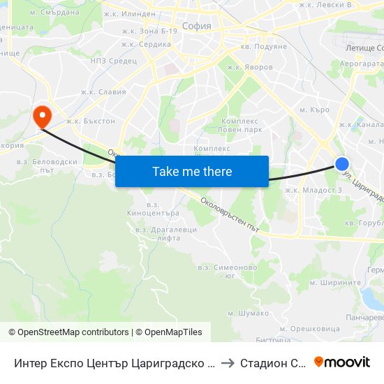 Интер Експо Център Цариградско Шосе / Inter Expo Center – Tsarigradsko Shose to Стадион Стефан Миленков map