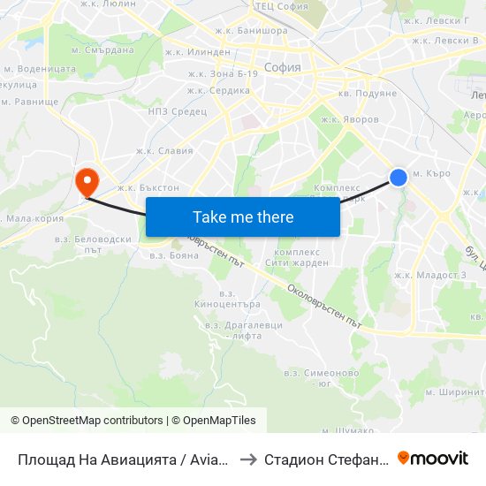 Площад На Авиацията / Aviation Square (1257) to Стадион Стефан Миленков map