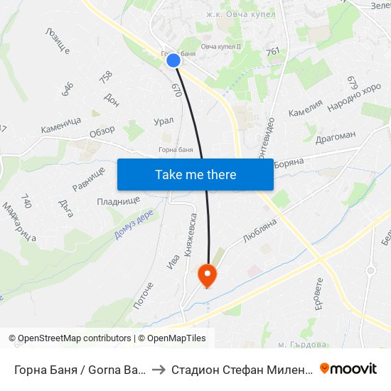 Горна Баня / Gorna Banya to Стадион Стефан Миленков map