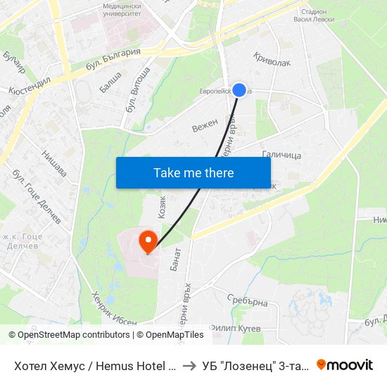 Хотел Хемус / Hemus Hotel (2329) to УБ "Лозенец"  3-та Стая map