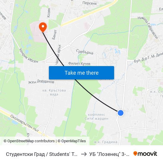 Студентски Град / Students' Town (2382) to УБ "Лозенец"  3-та Стая map