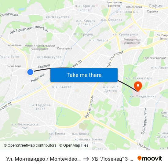 Ул. Монтевидео / Montevideo St. (2050) to УБ "Лозенец"  3-та Стая map