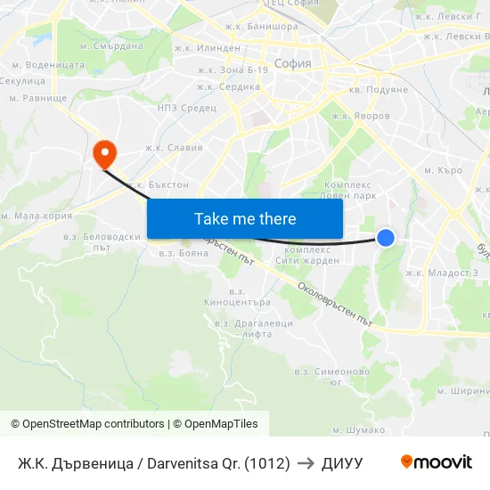 Ж.К. Дървеница / Darvenitsa Qr. (1012) to ДИУУ map