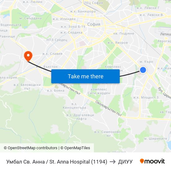 Умбал Св. Анна / St. Anna Hospital (1194) to ДИУУ map