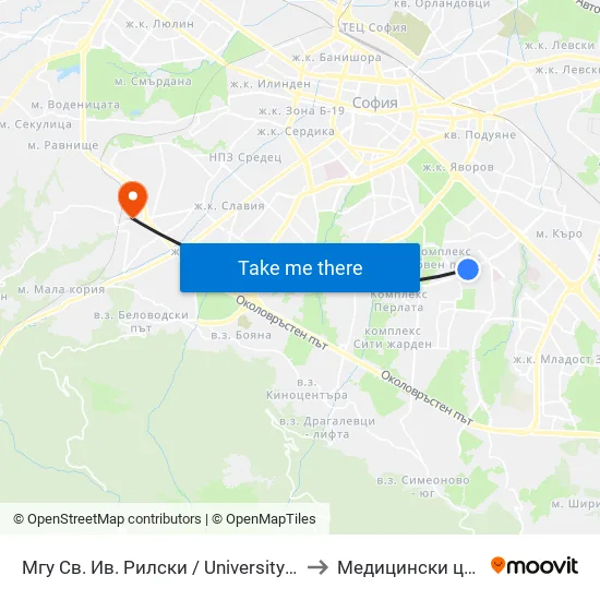 🎓 Минно-Геоложки Университет / University Of Mining And Geology (1033) to Медицински център ,,Ортомед'' map