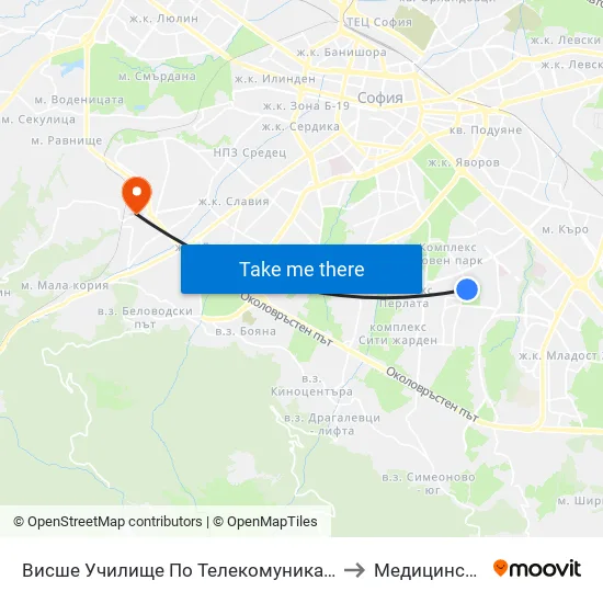 Висше Училище По Телекомуникации / University Of Telecommunications And Post (1396) to Медицински център ,,Ортомед'' map