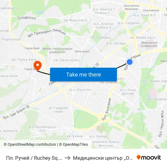 Пл. Ручей / Ruchey Sq. (1301) to Медицински център ,,Ортомед'' map