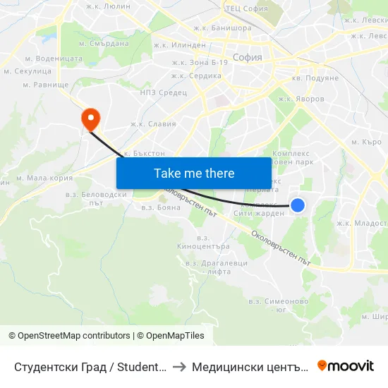 Студентски Град / Students' Town (1693) to Медицински център ,,Ортомед'' map