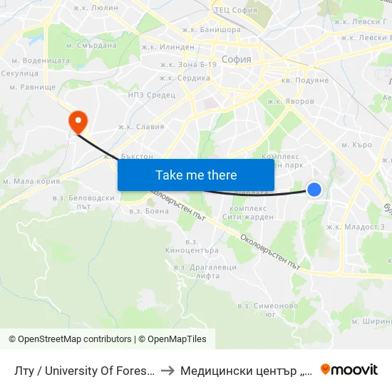 🎓 Лесотехнически Университет / University Of Forestry (0614) to Медицински център ,,Ортомед'' map